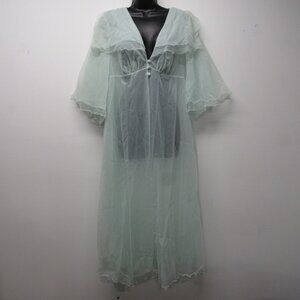 Vtg 60-70s Sears Double Nylon Chiffon SHEER Blue Bell Sleeve Robe sz 36 Lettuce